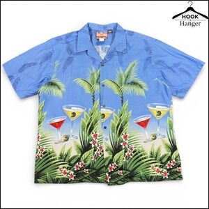 Vintage RJC Hawaiian Camp Shirt 3XL Blue Martini Tropical Palm USA Vacation Blue